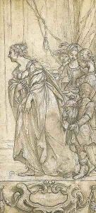 A queen and her retinue in procession to the left, above a cartouche a study for the Queen of Sheba before Solomon by Giovanni Andrea Sirani