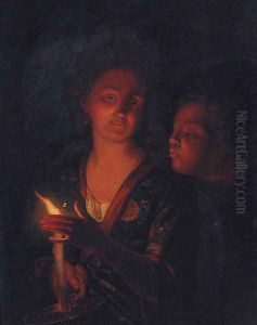 A boy blowing a candle held by a lady by Godfried Schalken