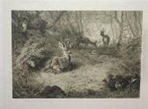 A Highland Landscape With Stags And Grouse; A Woodland Landscape With Deer by Archibald Thorburn