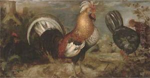 A cockerel and three turkeys in a landscape, with a frog, a lizard and a dragonfly in the foreground, a farmhouse beyond