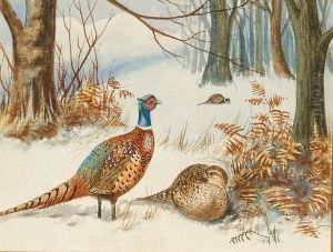 Pheasants Foraging In A Snowscape by Archibald Thorburn