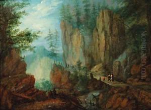 Travellers on an alpine pass by Roelandt Jacobsz Savery