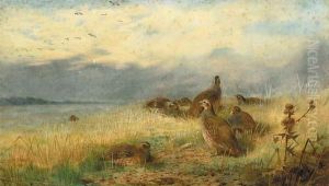 A Covey Of Partridge In The Stubble, With Lapwings Flying Overhead