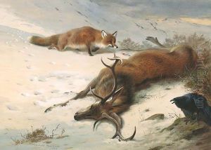 The Fox, The Raven And The Dead Stag by Archibald Thorburn