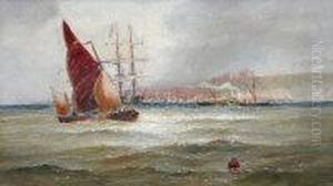 Sailing Boats And Paddle Steamer In A Seascape With Whitby In The Distance
