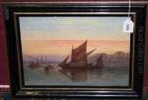 Barges At Sunset With Shippingbeyond by William A. Thornley or Thornbery