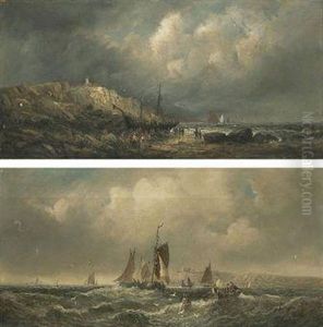 A Stiff Breeze Off The North
East Coast; And Figures Salvaging A Beached Wreck At Low Tide by William A. Thornley or Thornbery