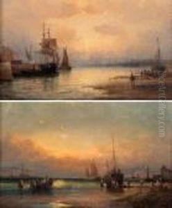 Coastal Scenes With Figures And Fishing Boats by William A. Thornley or Thornbery
