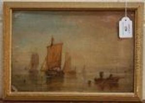 Coastal View With Figures In A Rowing Boat And Sailing Vessels by William A. Thornley or Thornbery