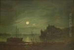 Fishing Boats With Nets Drying On The Shoreline By Moonlight by William A. Thornley or Thornbery