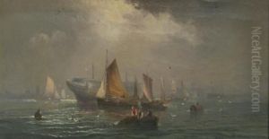 A Fishing Boat Collecting Its Catch On The Edge Of A Busy Harbour