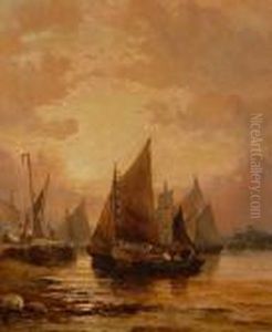 Fishing Harbour Scene At Sunset by William A. Thornley or Thornbery