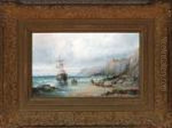 Figures On A Beach Salvaging A 
Wrecked Sailing Ship, With A Castleon The Cliffs In The Background - view 1
