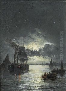 Moonlight On The Thames by William A. Thornley or Thornbery