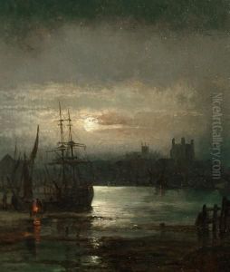 A Moonlit Harbour Scene by William A. Thornley or Thornbery
