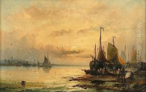 Vessels And A Hulk At Anchor, Sunset