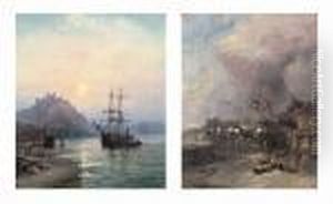 Unloading The Catch At Dusk Before Bamburgh Castle by William A. Thornley or Thornbery
