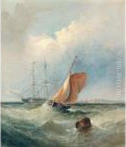 Shipping Rounding The Buoy Off The Coast; And A Pilot Boat Approaching A Vessel