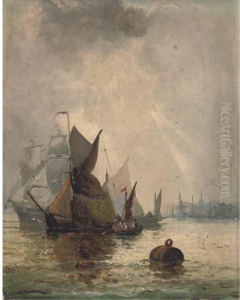 Hay Barges On The Medway (illustrated); And Figures Before Abeached Brig At Dusk - view 1