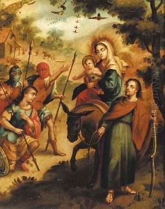 The Flight into Egypt with Roman legionnaires adoring the Christ Child by Spanish Colonial School