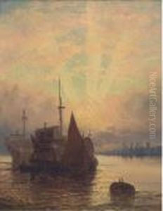 Old Hulks On The Medway At Dusk by William A. Thornley or Thornbery