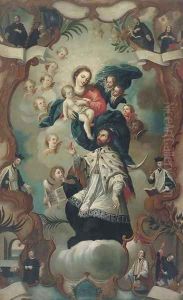 The Virgin and Child enthroned surrounded by saints by Spanish Colonial School