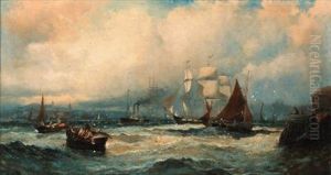 A Paddlesteamer And Three Master Running Down The Thames Atgravesend