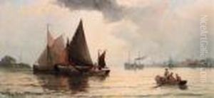 Barges On A River Estuary; And Beached Fishing Boats Bymoonlight