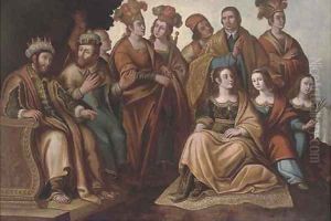 A European King seated before other Europeans and native South Americans