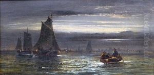 Sailing And Rowing Boats In The Moonlight by William Georges Thornley