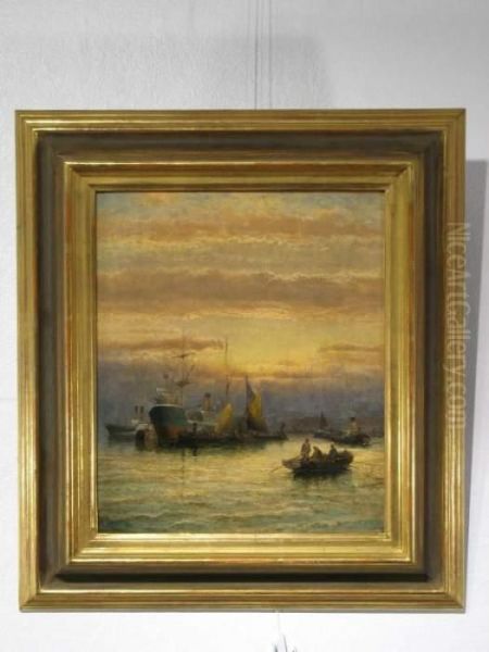 Hafenszenerie Im Morgenrot Mit Dampfschiffen, Ruderboot Und Darin Sitzenden Fischern. - view 1