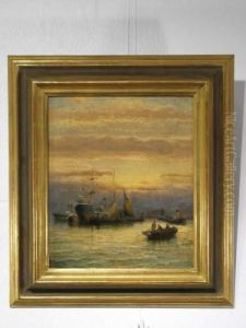 Hafenszenerie Im Morgenrot Mit Dampfschiffen, Ruderboot Und Darin Sitzenden Fischern. by William Georges Thornley