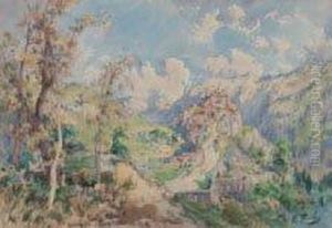"paysage De Corse" Aquarelle. 33 X 49,5cm. Vitre Cassee, Accidents Au Cadre by William Georges Thornley