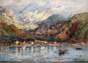Village De Pecheurs Au Bord D'un Lac Italien. by William Georges Thornley