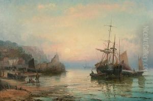 Coastal Scene With Moored Fishing Boats And Fisherfolk On The Shore