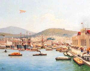 A Turkish harbour scene by Turkish School