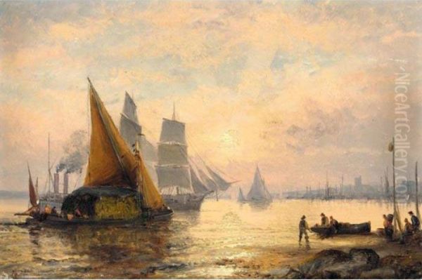 A River Landscape With A Barge Transporting Cargo; And Vessels On The River At Sunset - view 1