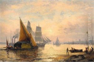 A River Landscape With A Barge Transporting Cargo; And Vessels On The River At Sunset by William Georges Thornley
