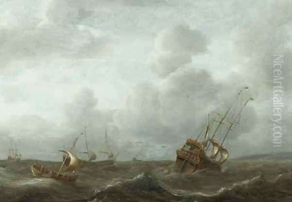 A frigate and other shipping in a stiff breeze - view 1