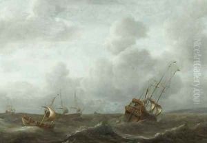 A frigate and other shipping in a stiff breeze