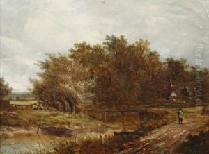 River Landscape, With Figure Approaching A Wooden Bridge