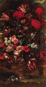 Flowers in a sculpted urn in a landscape by Andrea Scacciati I