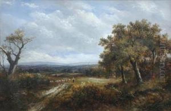A Shepherd With Sheep In A Wooded Landscape - view 1