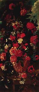 Flowers in sculpted urns on plinths in landscapes by Andrea Scacciati I