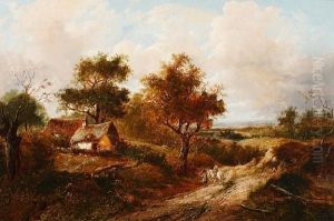 Extensive Country Landscape With Cottages,figures And Horse And Rider On A Track by Joseph Thors