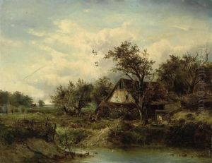 Children Playing Beside A Pond With A Cottage Beyond by Joseph Thors