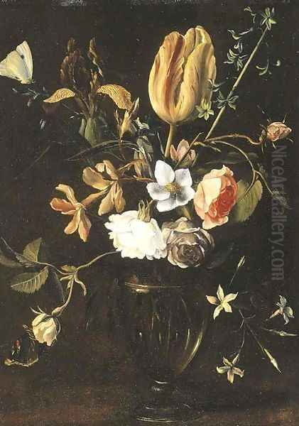 Roses, an iris, a tulip, jasmine and other flowers in a facon de Venise glass on a ledge with butterflies - view 1