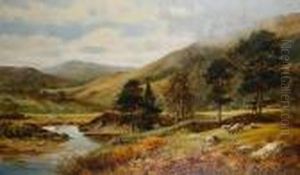 An Angler By A River With Sheep Grazing In Anearby Field An Angler By A River With Sheep Grazing In Anearby Field