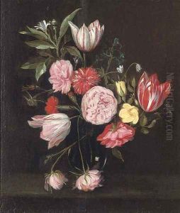 Parrot tulips, roses, carnations and other flowers in glass vase on a stone ledge by Daniel Seghers