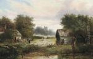 Figures By A Pond With A Church Beyond